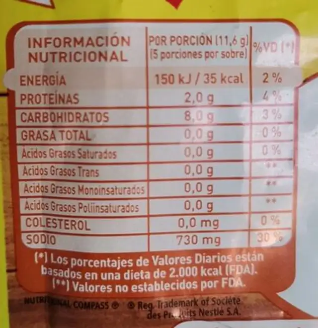 Sopa Criolla Costilla Maggi 58g nutrition facts table