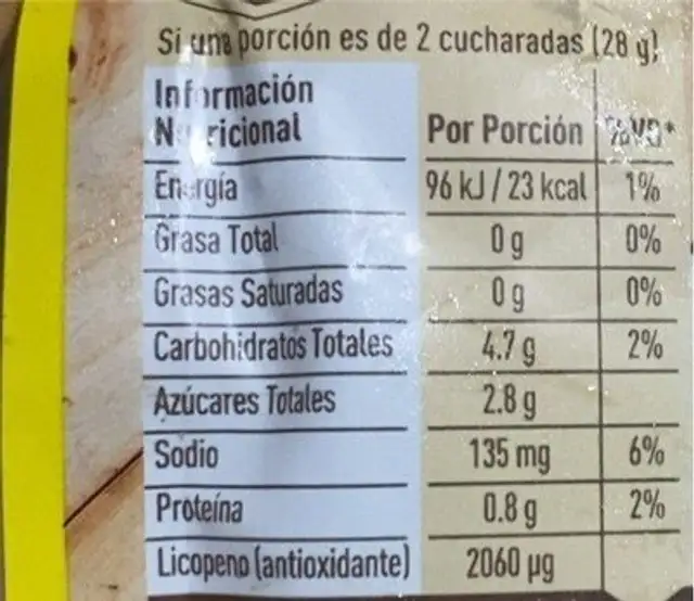 Pasta de tomate nutrition facts table