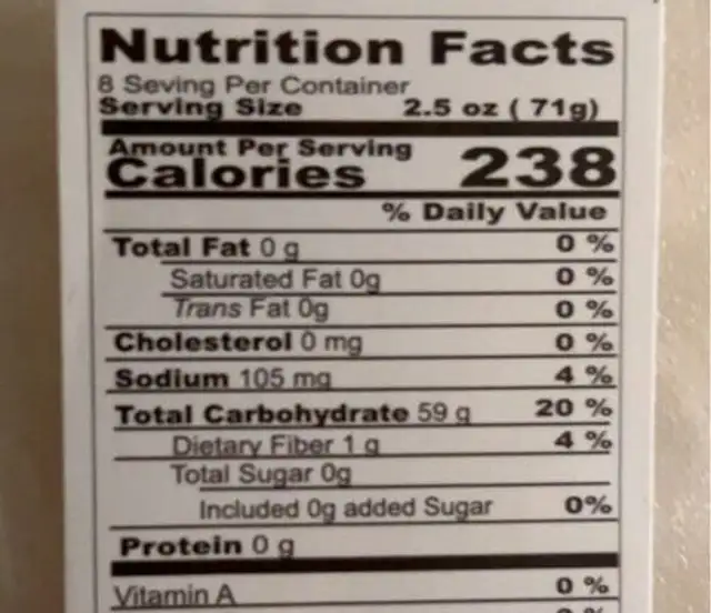 Tapioca sheet nutrition facts table