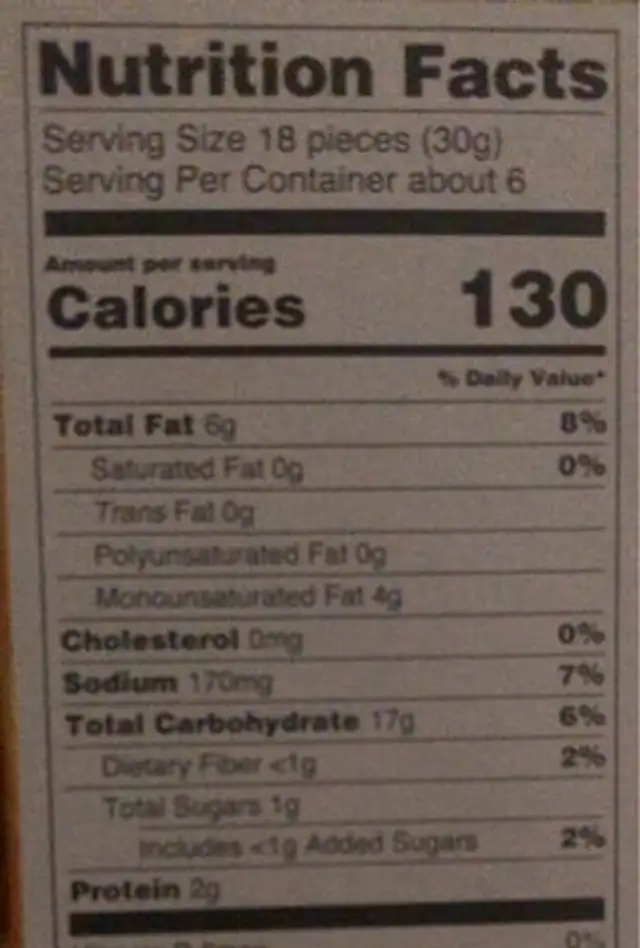 Crab seasoned Crabbers “baked cheddar cheese crackers” nutrition facts table