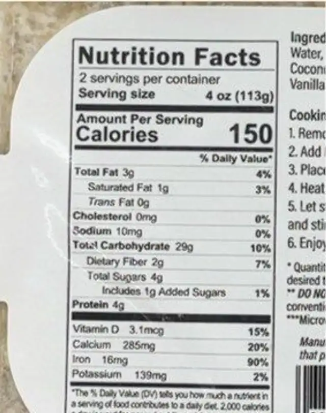 hot cereal nutrition facts table