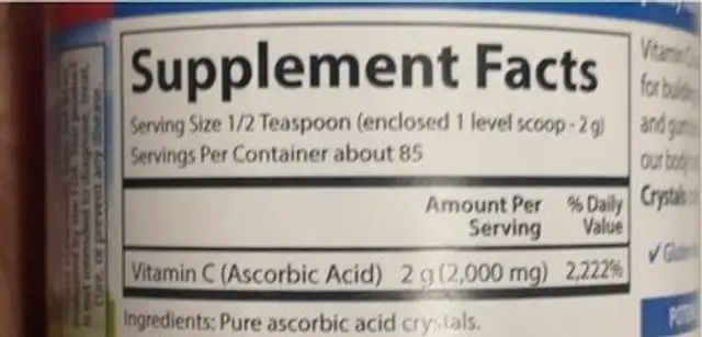 Vitamin C Crystals nutrition facts table