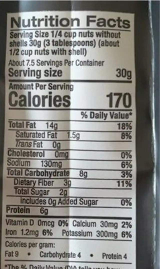 Pistachio Nuts Roasted & Salted nutrition facts table