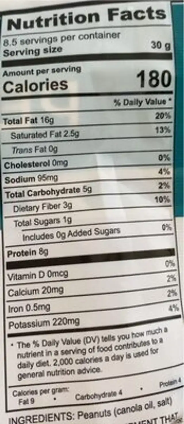 Virginia peanuts nutrition facts table