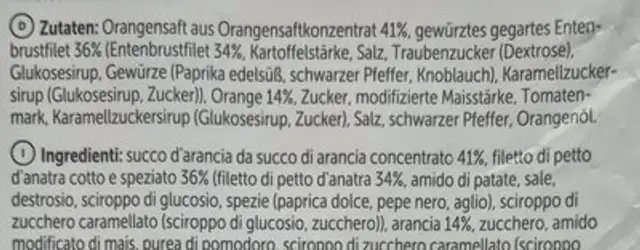 Ente in Orangensauce ingredients label