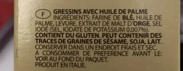 Grissinbon Traditional Breadsticks ingredients label