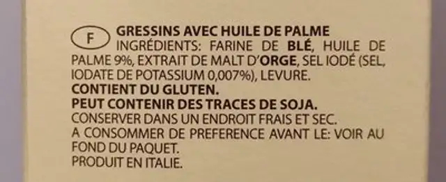 Gressins Turinois ingredients label