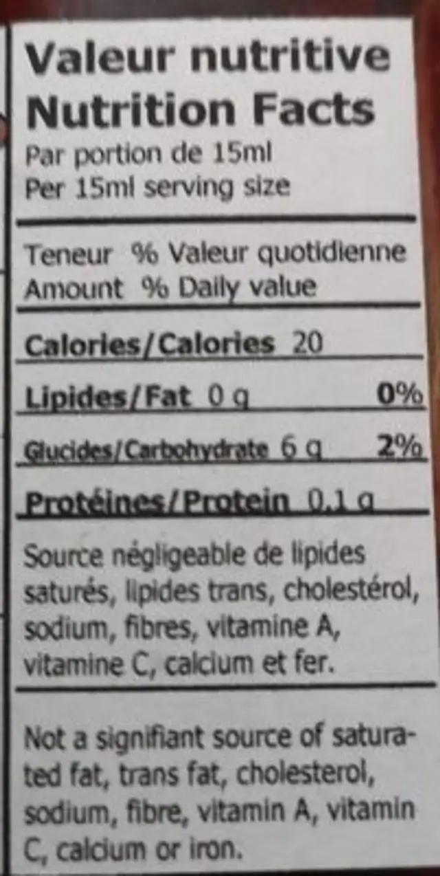 Tartinade style confiture framboises nutrition facts table