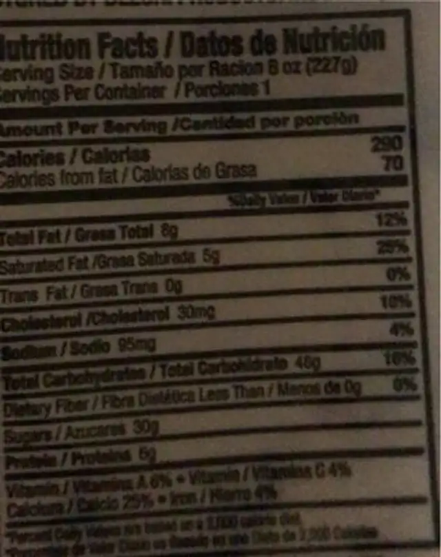 Rice Pudding nutrition facts table