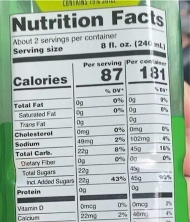 Original Aloe Vera Drink nutrition facts table