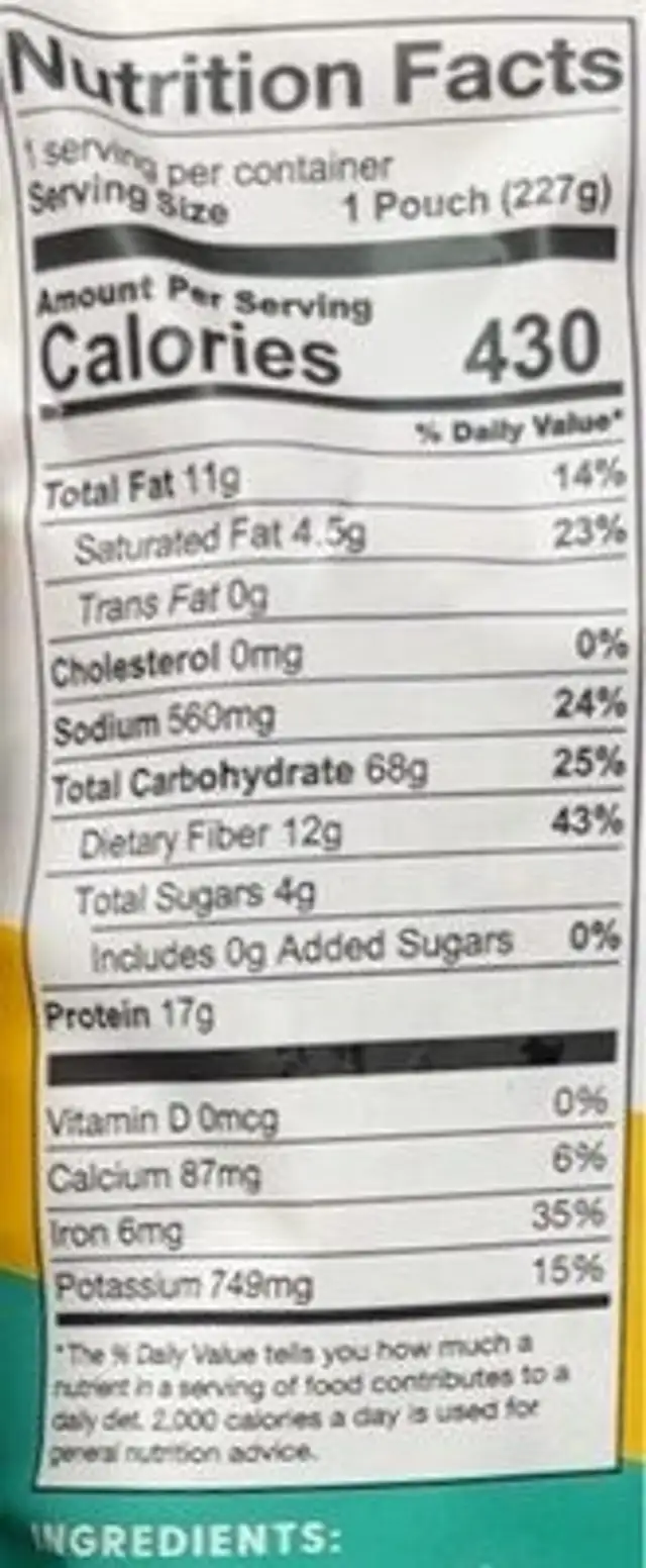 Quinoa with Chickpeas & Garlic nutrition facts table