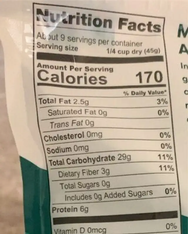 Traditional quinoa nutrition facts table