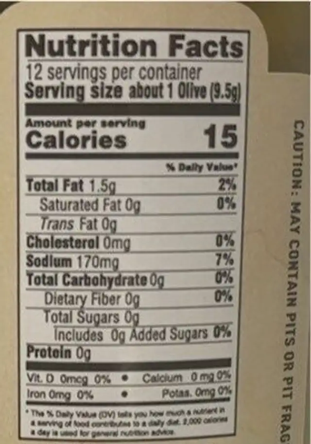 Santa Barbara Olives nutrition facts table