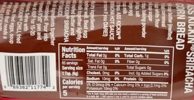 Ass kickin sriracha hot sauce nutrition facts table