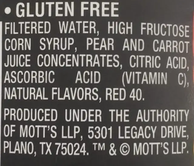 Juice blend ingredients label