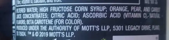 Orangecarrot juice ingredients label