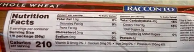 Whole Wheat Spaghetti nutrition facts table