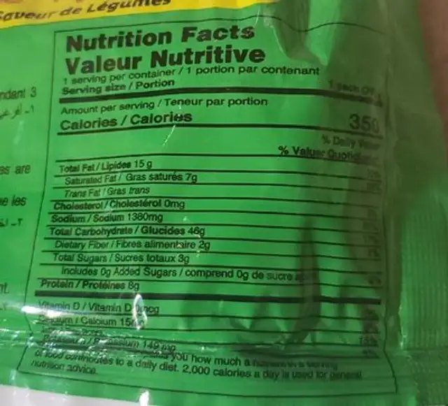 Instant noodles nutrition facts table