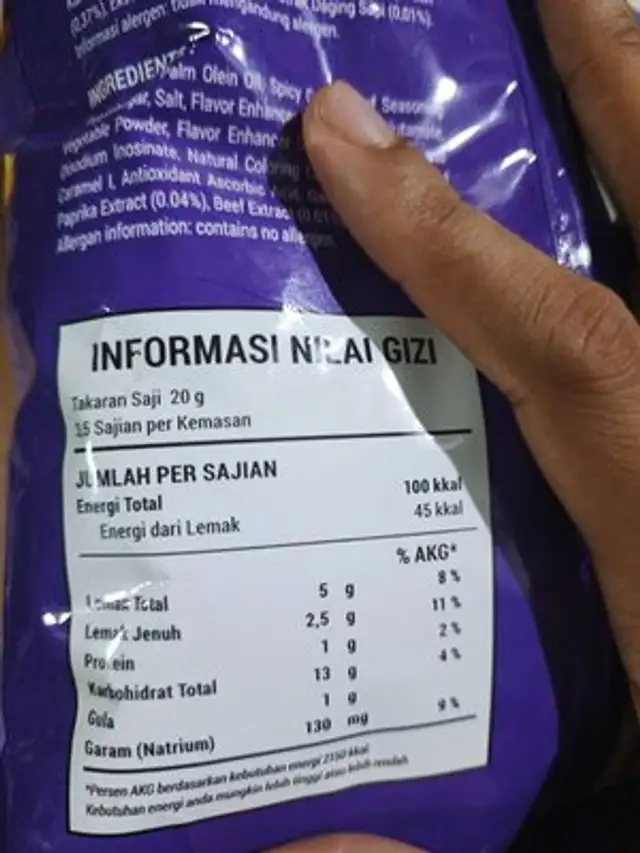 Chitato Spicy Grilled Beef Flavor nutrition facts table