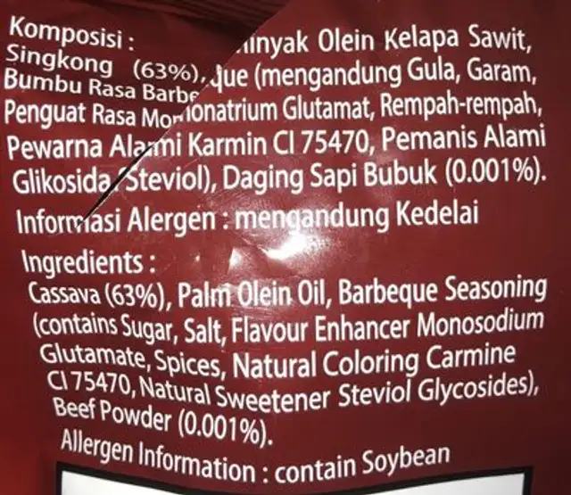 Singkong barbeque ingredients label
