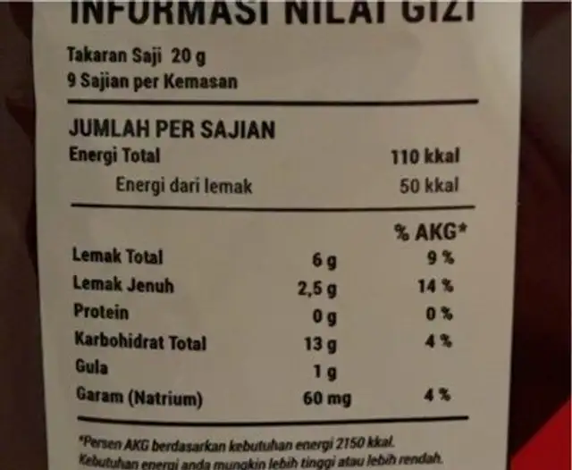 Singkong rasa balado nutrition facts table