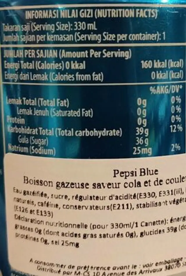 Pepsi Blue nutrition facts table