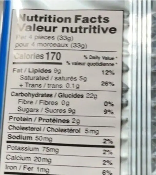 Vanilla Cream Wafers nutrition facts table