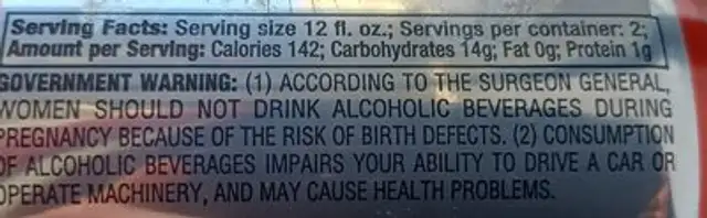 Cerveza Original nutrition facts table