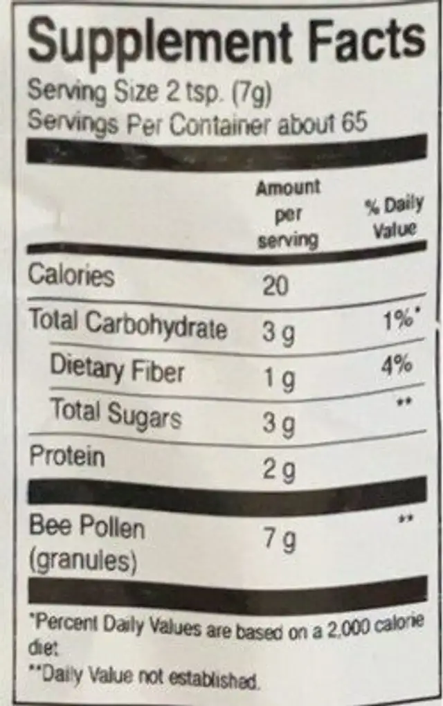 Bee Pollen nutrition facts table