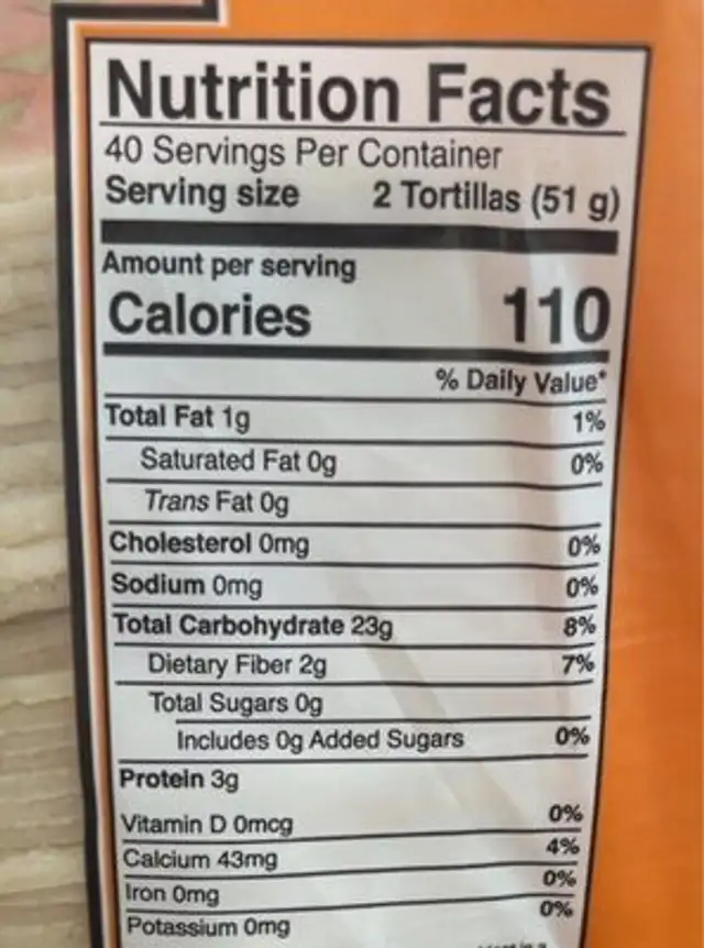 White Corn Tortillas nutrition facts table