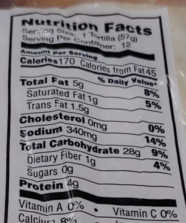 Raw flour tortilla nutrition facts table