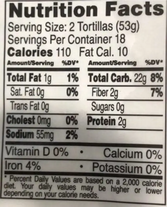 Hot Tortilla nutrition facts table