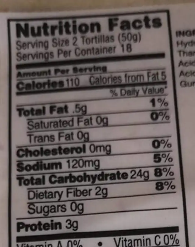 Casa Rica Tortillas nutrition facts table
