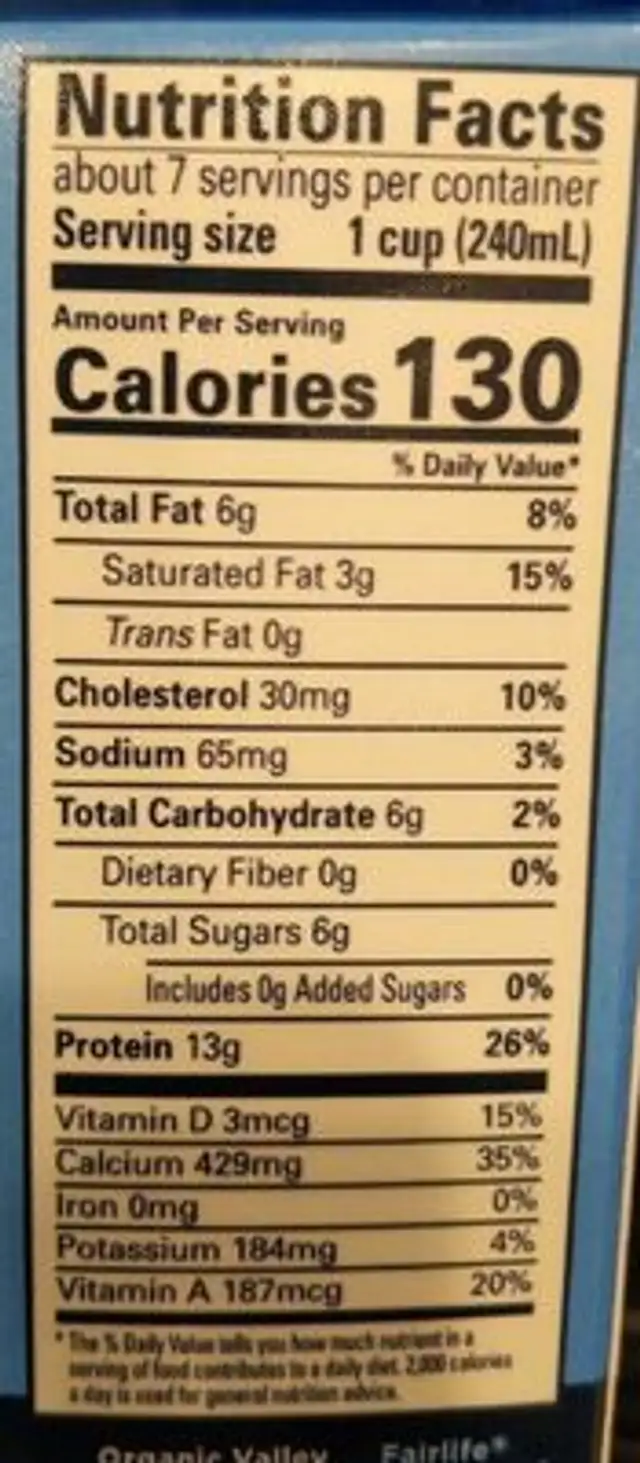 Ultra 2% reduced fat ultra filtered organic milk nutrition facts table