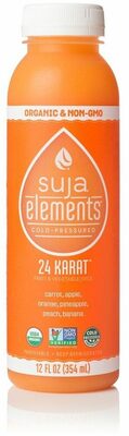 Suja, elements, fruit & vegetable juice, carrot, apple, pineapple, orange, peach & banana front packaging