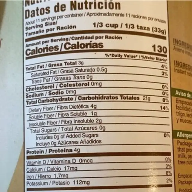 Avena Natural / Natural Oats nutrition facts table