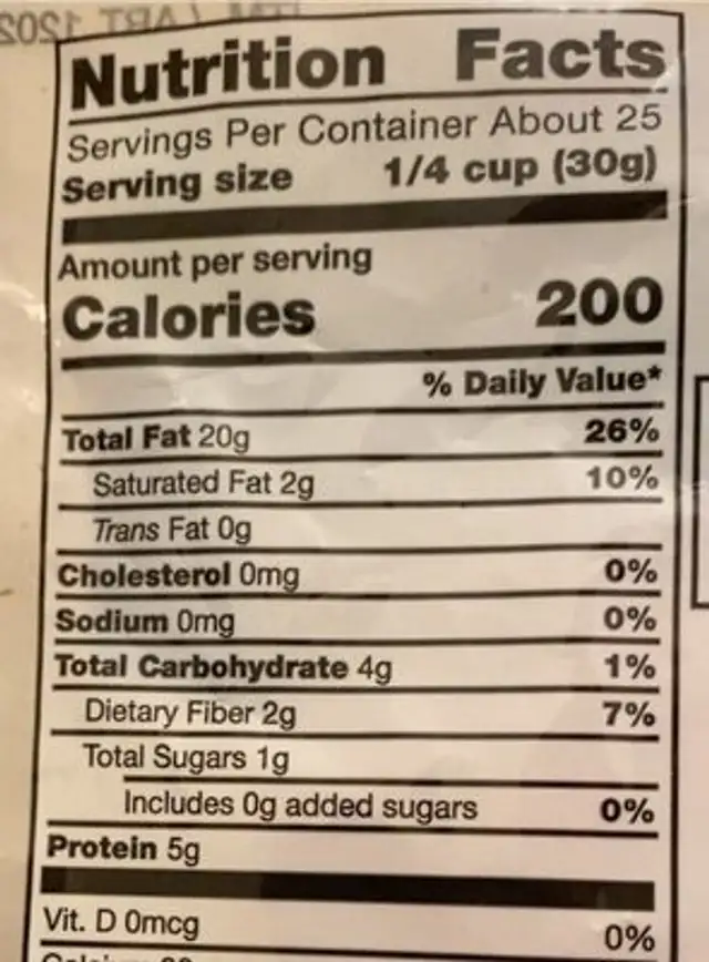Organic Walnuts nutrition facts table
