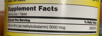 KirSublingual B-12 5000 MCG, 300 Tablets nutrition facts table