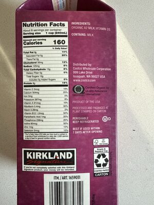 Organic Whole Milk nutrition facts table