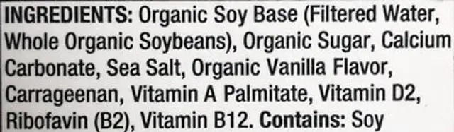 Organic Soy Vanilla ingredients label