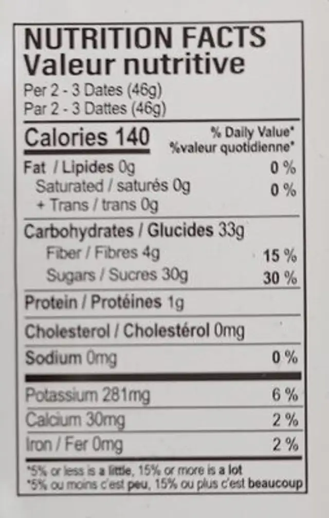 Dattes fraîches Medjool nutrition facts table
