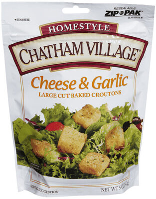 Chatham Village Cheese & Garlic Crutons 142g front packaging