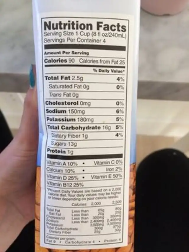 Organic almond milk vanilla flavor nutrition facts table