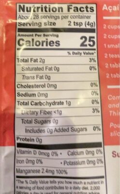 Orgsnic powdered Acai nutrition facts table
