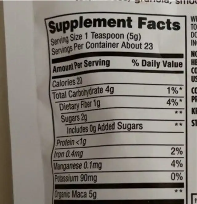 Orgainc Maca Powder nutrition facts table