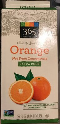 100% orange juice extra pulp front packaging