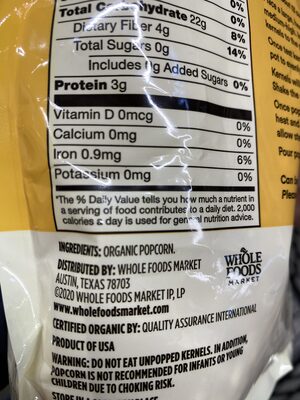 Organic Yellow Popcorn Kernels ingredients label
