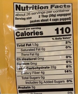 Organic Yellow Popcorn Kernels nutrition facts table