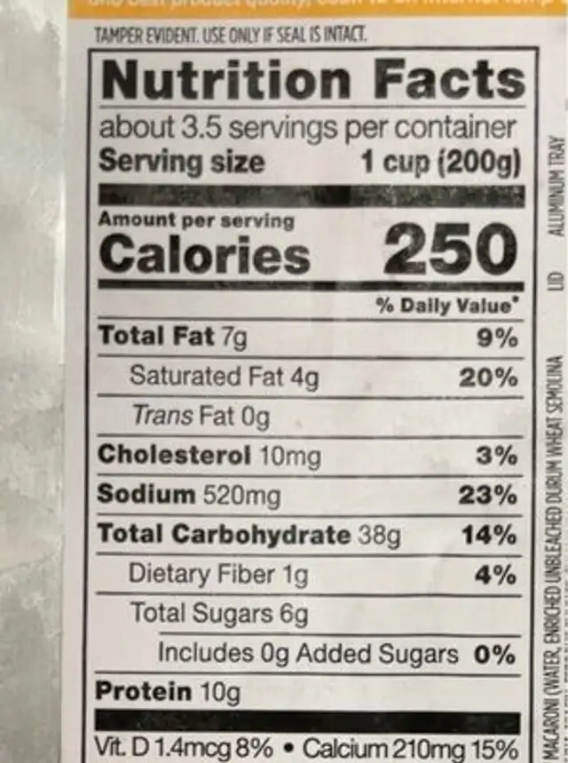 Mac & cheese nutrition facts table