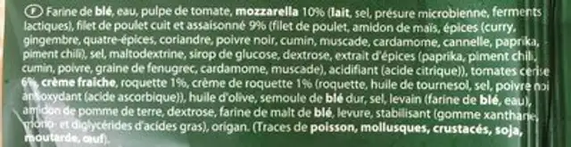 Pizza "con rucola e pollo" ingredients label